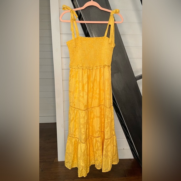 Lulu’s Love Yellow Jacquard Smocked Tie-Strap Midi Dress - Picture 3 of 6